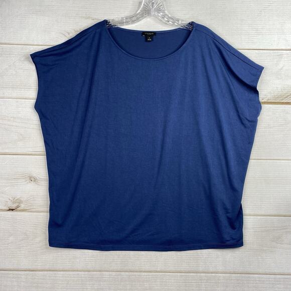 Ann Taylor T-Shirt XL Womens Blue Cozy Slub Round Neck Cap Sleeve Boxy Stretch - Picture 1 of 6